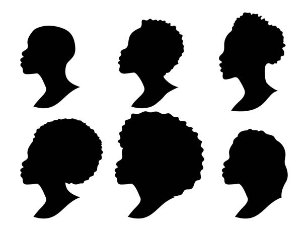 Six black silhouettes of women in profile, with different hairstyles
