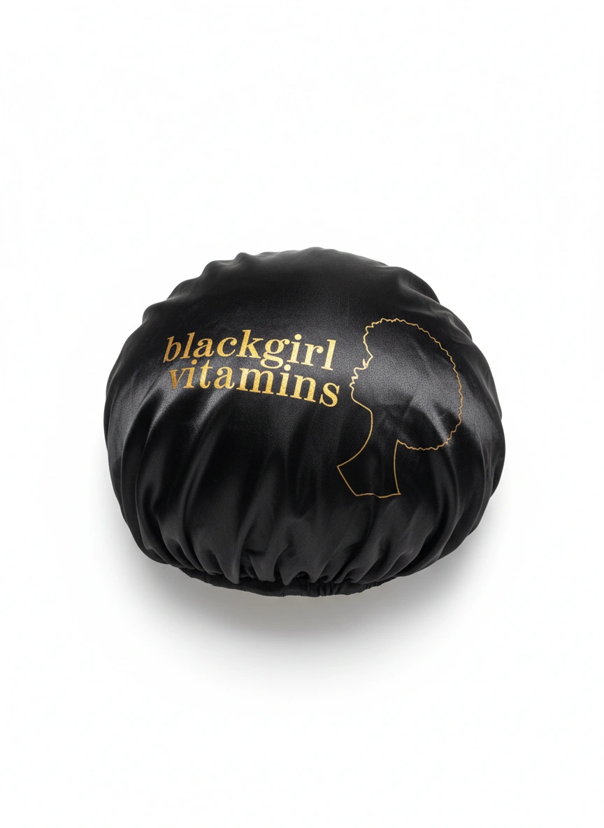 BGV Bonnet, a black satin sleep cap with the Black Girl Vitamins mark